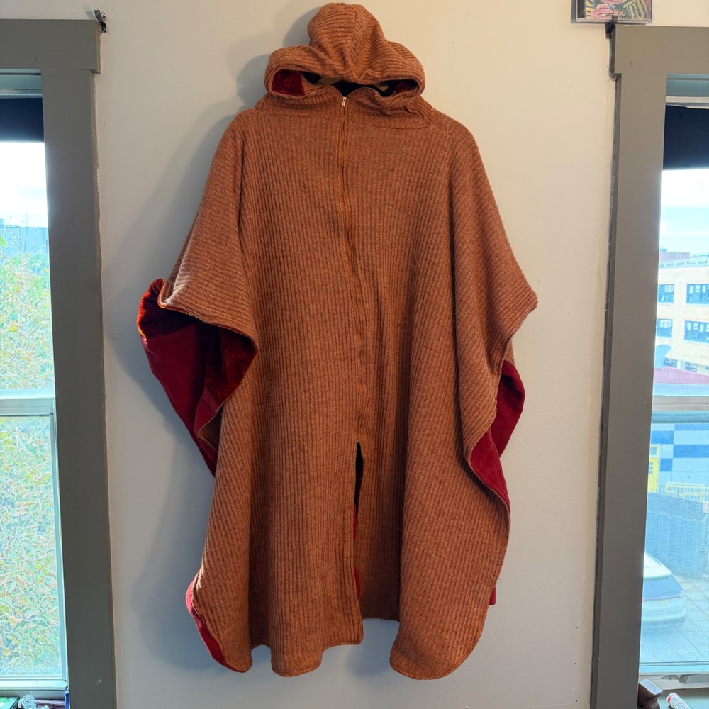Vintage Hooded Zip Up Poncho Ribbed Knit Velvet Lined Orange Brown Red Cape